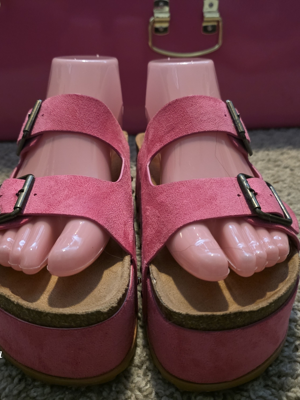 Pink Suede Double-Buckle Platform Sandals